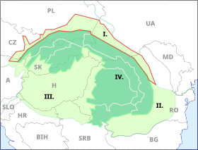 Карта Карпатского региона, Прикарпатье (I.) обведено красным