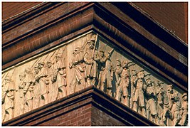 Corner figures, exterior frieze