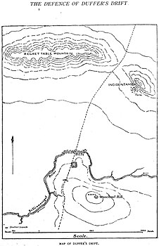 Map of Duffer's Drift, the Silliaasvogel River's only crossing. The defences are on the slopes of Waschout Hill to the south. Across the river to the north are Regret Table Mountain and the hillside farm of Incidentamba.