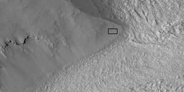 Close view of part of glacier, as seen by HiRISE under HiWish program. Box shows size of football field.