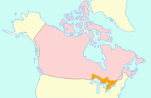 Map of Upper Canada (orange) within British North America (pink)