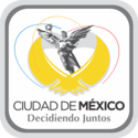 Logo of a black-and-white sculpture, El Ángel. It is a victory symbol personified by an upper naked angel wearing a long skirt. She holds a laurel wreath with her right hand. Below her image, two golden wings are displayed. The slogan "Ciudad de México" is written in black capital letters, with the word "México" bolded, and below the slogan "Decidiendo Juntos" with the same pattern. The whole image is located inside a gray squircle.