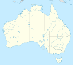 Mapa konturowa Australii, blisko prawej krawiędzi znajduje się punkt z opisem „Queensland University of Technology”