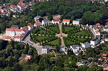 Farbige Vogelperspektive einer kreisförmigen Häuserreihe mit acht dreieckigen Rasenflächen, die von Bäumen gesäumt werden und mit ihren Spitzen zum zentralen Obelisk zeigen. Die Umgebung besteht aus vielen Bäumen und einigen Häusern.