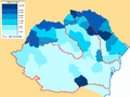 This map depicts the Jewish population in Romania by county, but it also shows how the Vienna Award split Bihor County (dark blue, West)