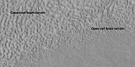 Open and closed brain terrain with labels, as seen by HiRISE under HiWish program