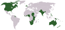 Map of countries where English is the majority language or an official language.