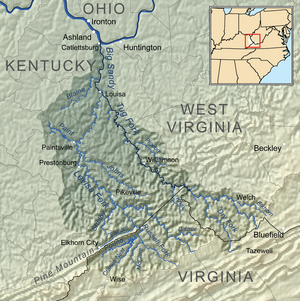 A map of the region where the feud occurred, inset in a larger map of the Eastern and Midwestern United States