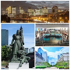 Clockwise from top: La Défense skyline at night; La Défense station; Esplanade with Grande Arche; La Défense de Paris