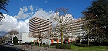 Photographie en couleur représentant, derrière un voile d'arbre sans feuilles, à droite un long bâtiment de huit étages percé de fenêtres carrés, au premier plan un immeuble bas à deux niveaux, plus loin derrière, un immeuble d'une douzaine d'étages rayé de rouge