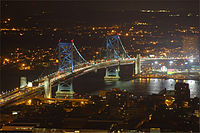 Benjamin Franklin Bridge crosses the Delaware, connecting Philadelphia and Camden, New Jersey.