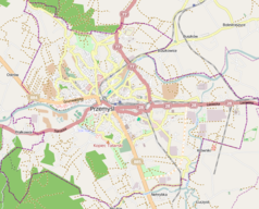 Mapa konturowa Przemyśla, blisko centrum u góry znajduje się punkt z opisem „Przemyśl Zasanie”