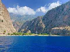 Mediterranean Region: Butterfly Valley in Fethiye. Mediterranean coastal beaches are popular among tourists.[313]