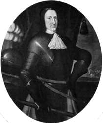 A black-and-white image of a stern-faced man in full early-modern armour and a white neck ruff