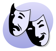 Drawing of two masks representing Comedy and Tragedy.