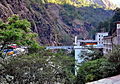 The Tibet-Nepal Bridge below Zhangmu, which is the border crossing between Tibet and Nepal. To the right is the Zhangmu Port Control Point.