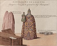 Statue de la Madone de Lorette avec saintes reliques telle que dessinée en 1797 pendant les spoliations napoléoniennes. Le dessin relativement peu réaliste ne laisse pas penser qu’il puisse s’agir d’une statue du Trecento ou du Quattrocento.