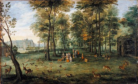 The archdukes Albert and Isabella walking in the park of their Brussels palace, Jan Bruegel the Elder, c. 1609–1621[5]