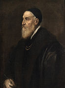 提齊安諾的《自畫像（英语：Self-Portrait (Titian, Madrid)）》，86 × 65cm，約繪於1556年，1821年始藏，來自腓力四世的收藏[37]