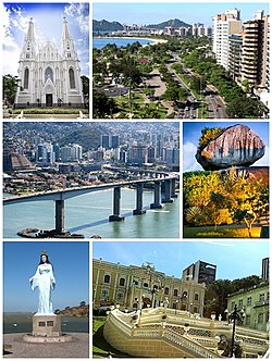 Montages of the city of Vitória, Top left:View of Praca dos Namorados, Top right:Ilha do Boi, Middle left:Terceira Ponte, Middle right:Palacio Anchieta, Bottom left:Morro do Moreno resort area, Bottom right:Night view of Praca dos Namorados