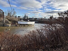 Confluence of Noire and Sainte-Anne rivers, high water mark on the boat-shaped structure at the tip of Grandbois island[1]