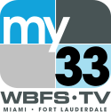 A four-quadrant rounded rectangle, from top left: blue, dark gray, light gray, light blue. In the blue box, the lowercase word "my" in white in a sans serif. In the lower lower right box, a black 33 in a sans serif. Beneath are two lines: WBFS-TV / Miami • Fort Lauderdale