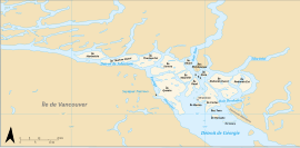 Mapa de las islas Discovery, en el final del estrecho de Georgia, entre la isla de Vancouver y la Columbia Británica continental