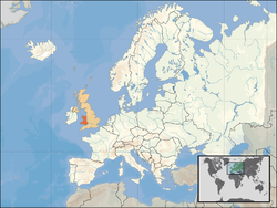 Kinaroroonan ng  Gales  (kahel) – sa lupalop ng Europa  (kamelyo & puti) – sa the United Kingdom  (kamelyo)