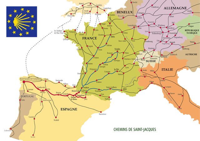 Chemins contemporains européens conduisant à Saint-Jacques-de-Compostelle.