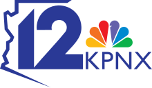 At left, a sans serif 12 partially encased in an outline of the state of Arizona. At right, the NBC peacock and the letters KPNX in a sans serif.