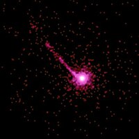 The Chandra X-ray image is of the quasar PKS 1127-145, a highly luminous source of X-rays and visible light about 10 billion light-years from Earth. An enormous X-ray jet extends at least a million light-years from the quasar. Image is 60 arcseconds on a side. RA 11h 30m 7.10s Dec −14° 49' 27" in Crater. Observation date: May 28, 2000. Instrument: ACIS