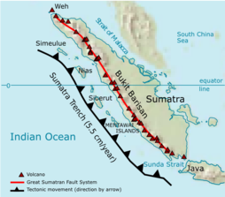 Drawing of an overhead view of an elongated island stretching from the top left corner to the bottom right corner and labelled with names of locations.