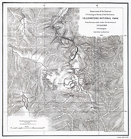 An old contour map showing mountainous terrain and a large lake