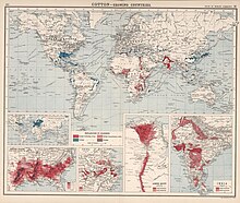 Мировая карта выращивания хлопка и путей его экспорта в 1907 г.