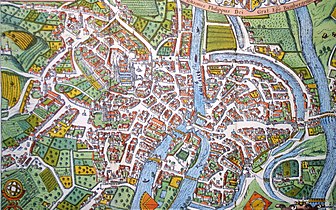 Bamberg Karte von 1617 mit Inselstadt in der Regnitz, Bamberg map of 1617