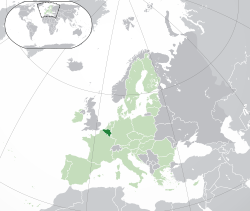 Location of Belgium (dark green) – in Europe (green & dark grey) – in the European Union (green)