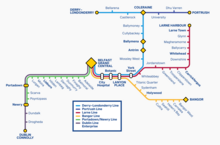 A map of train stations in Northern Ireland with five different rainbow-coloured train lines servicing Derry~Londonderry, Coleraine, Portrush, Larne, Whitehead, Bangor, Belfast Lanyon Place & Belfast Grand Central, Lisburn, Portadown, Newry and Dublin Connolly.