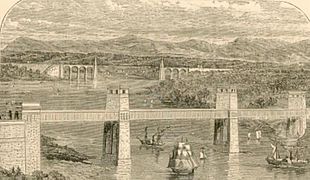 Al fons, pont penjant de Menai (Thomas Telford, 1826). En primer pla, pont tubular Britannia (Robert Stephenson, 1850). Vista ca. 1850.