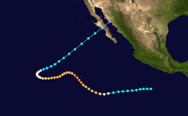 Map plotting the track and the intensity of the storm, according to the Saffir–Simpson scale