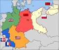 La partition de l'Allemagne en zones d'occupation alliées telle qu'elle fut retenue : zone française (deux enclaves) et, depuis 1947 la Sarre zone britannique zone américaine zone soviétique, devenue ensuite la RDA zone rattachée à la Pologne