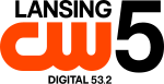 The CW logo, an orange thick logo with the letters C and W connected, in the lower left. Above it, right-aligned, is the word Lansing capitalized in a sans serif, and below it are the words "Digital 53.2" in smaller print. To the right of both, full-height, is a sans-serif numeral 5.