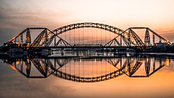 View of the famous British-era Lansdowne Bridge, and Ayub Bridge, which both span the Indus River and offer access between Rohri and Sukkur