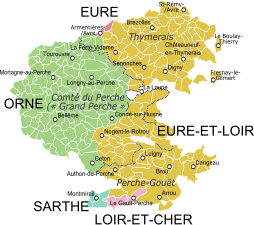 Comté de Perche avec en couleur les départements actuels.