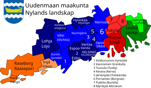 Uusimaa sub-regions, touns an municipalities