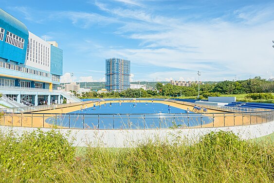 The outdoor roller skating rink is blue and yellow Color matched at Kang Chu Sports Park