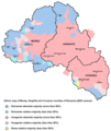 Ethnic map of Harghita, Covasna, and Mureș based on the 2002 data, showing areas with Hungarian majority