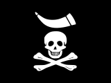 Interpretation of a flag Commodore Roggewein described in 1721 as "a black flag, with a Death's head in the centre, a powder horn over it and two bones underneath".[45]