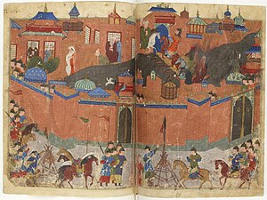 Manuscript painting of an army besieging a large walled city.