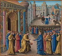 Painting of two men meeting in front of a city gate. Both men are in front of crowds of other people. The one on the left is bareheaded and holds his hat in one hand while he bows to the other figure, who is dressed in blue embroidered robes and wears a crown.