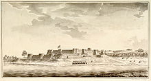 A fort with two-tiered ramparts and many bastions rises above the far bank of a river. Some human settlements are visible nearby.